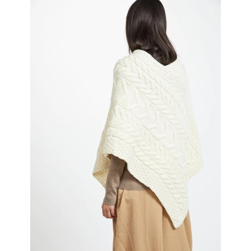 Ladies Aran Cable Knit Triangular Poncho Natural